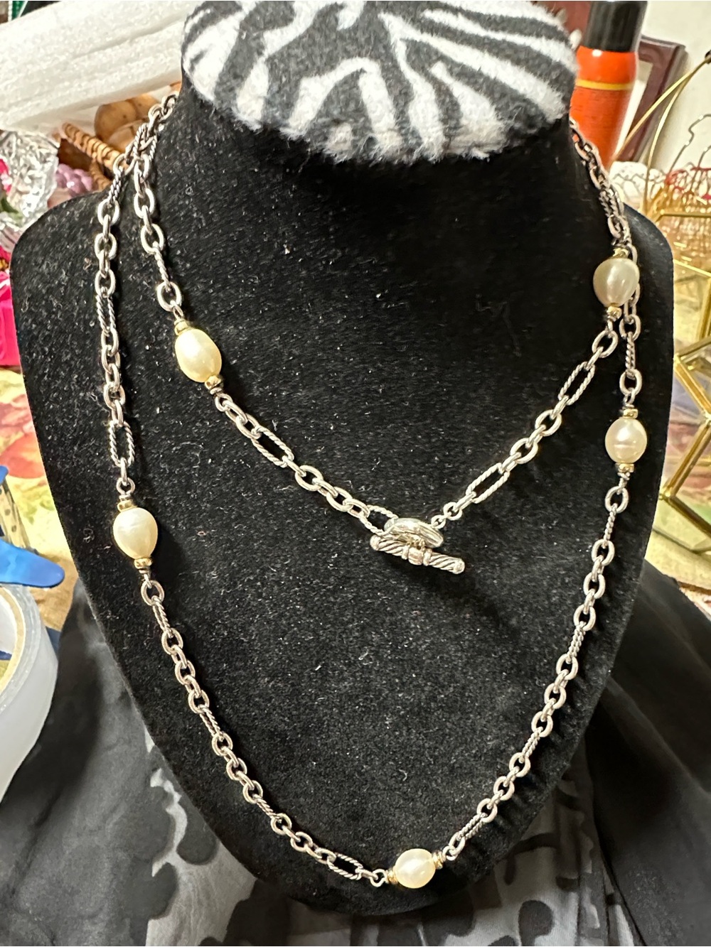 David Yurman Silver Chain Necklace with Cream Pearlescent Beads